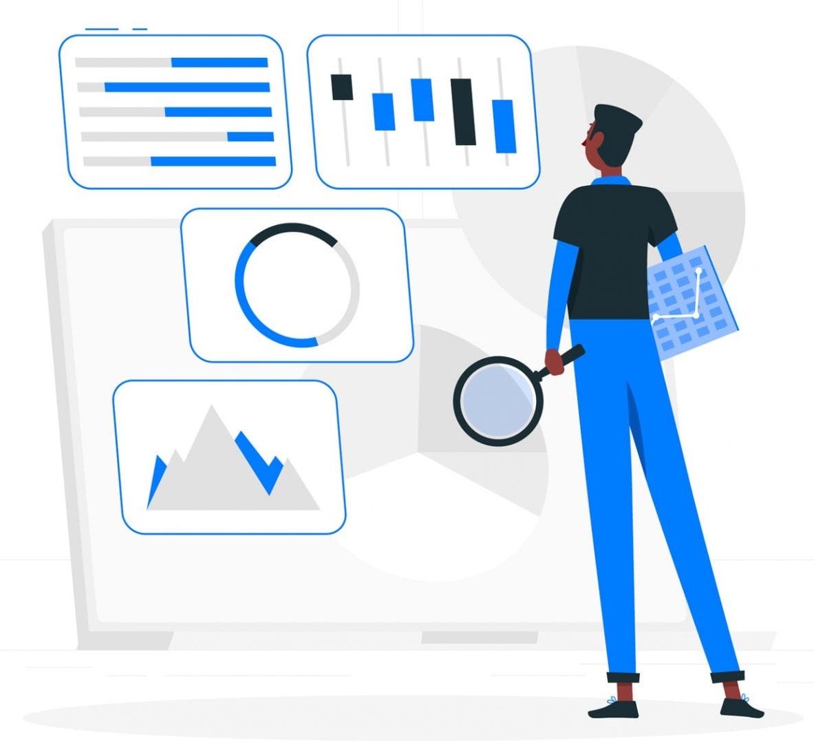 Man looking at a series of charts and graphs, links to Marketing course